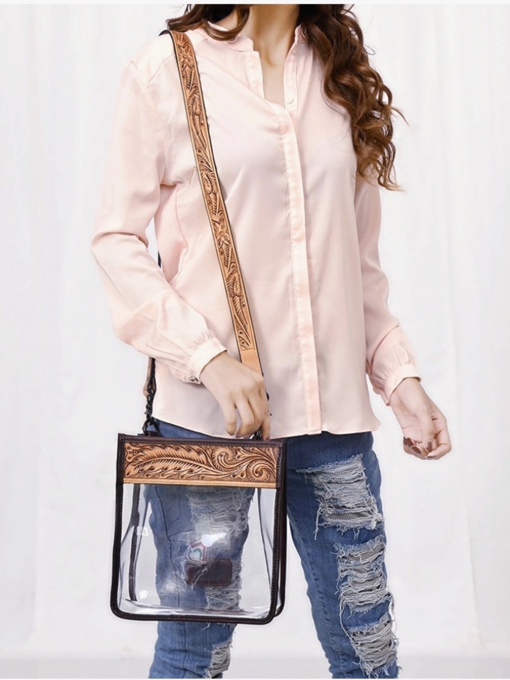 American Darling Clear Stadium Crossbody Bag with Floral Tooled Leather Trim